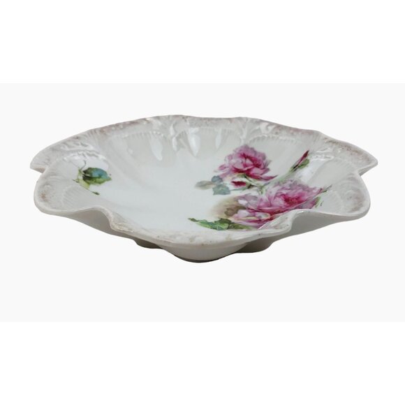 Antique K Steinmann German Porcelain Floral Dish Pink Roses Scalloped Edges - Picture 8 of 10